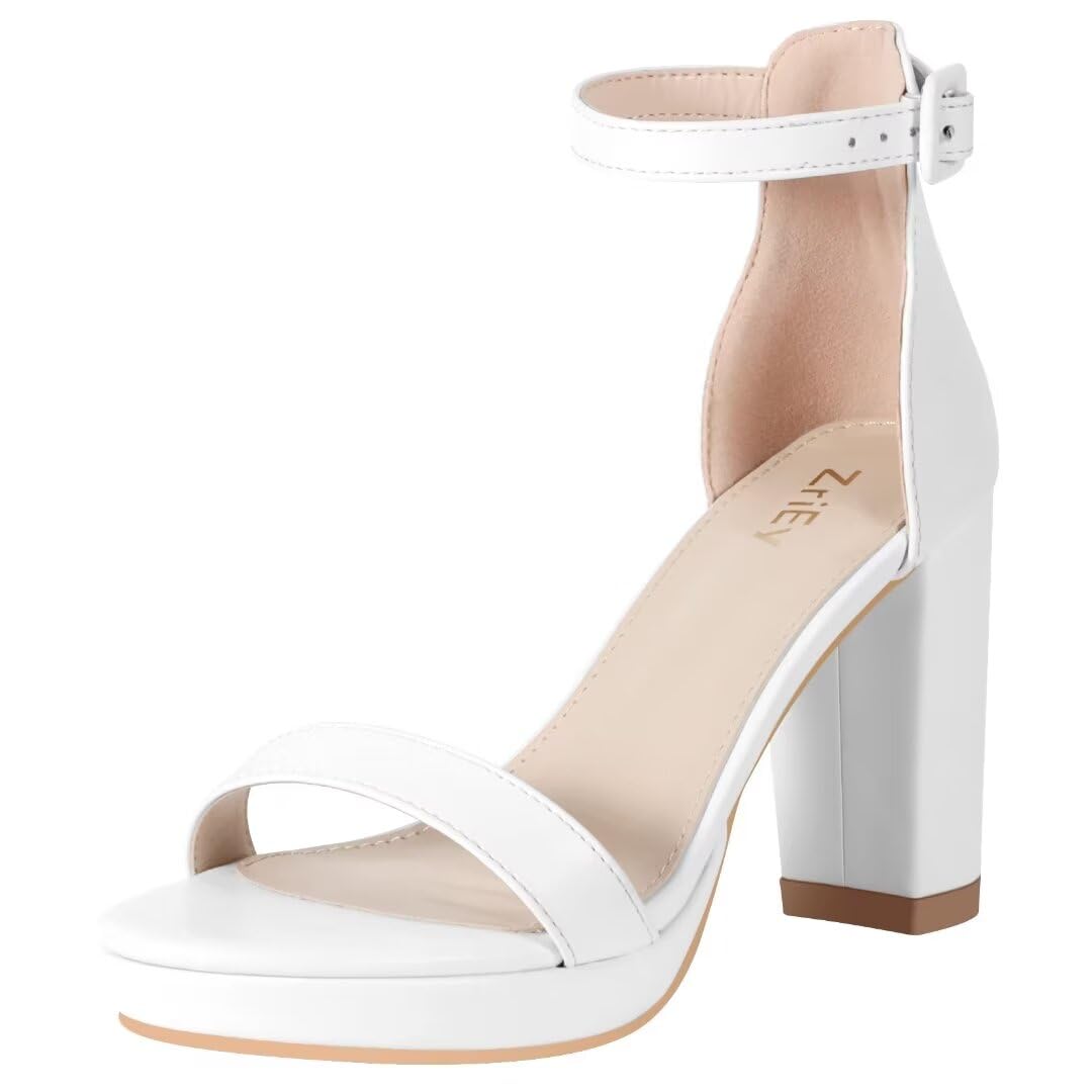 ZriEy 4-Inch Platform High Heels for Women Block Chunky Heeled Sandals Open Toe Ankle Strap Heels Wedding Party Evening Prom Dress Pump Sandals Shoes White Size 10