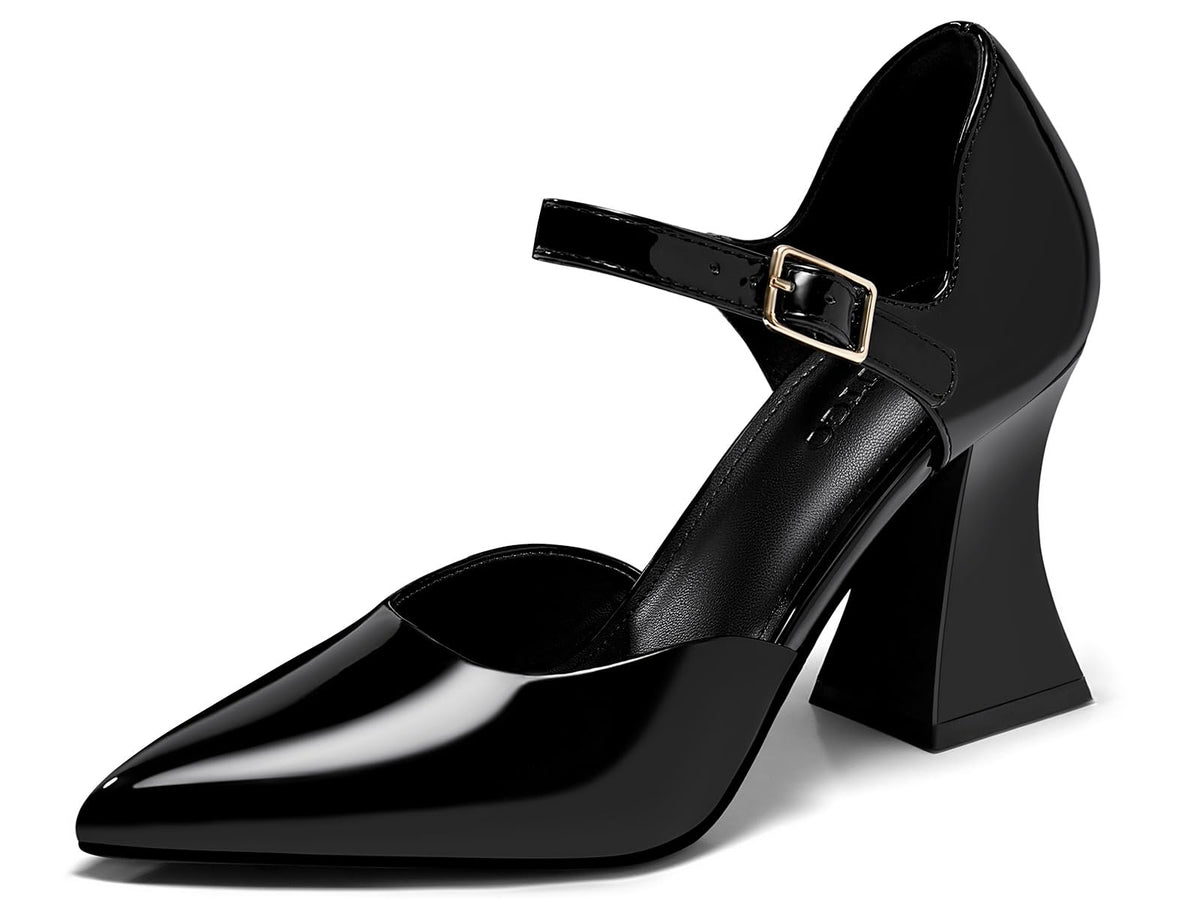 Coutgo Womens Chunky High Heels Closed Pointed Toe Ankle Strap Pumps Cute Dress Dance Shoes Black Size 11
