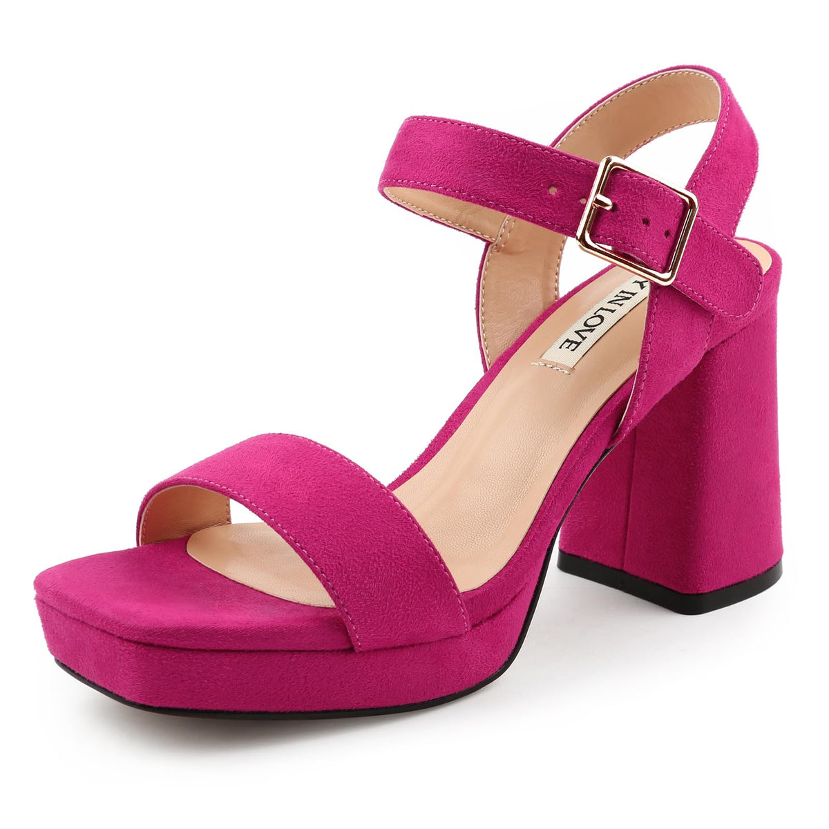 JOY IN LOVE Womens Chunky Platform High Heels Ankle Strap Block Heel Sandals Fuchsia Suede US10