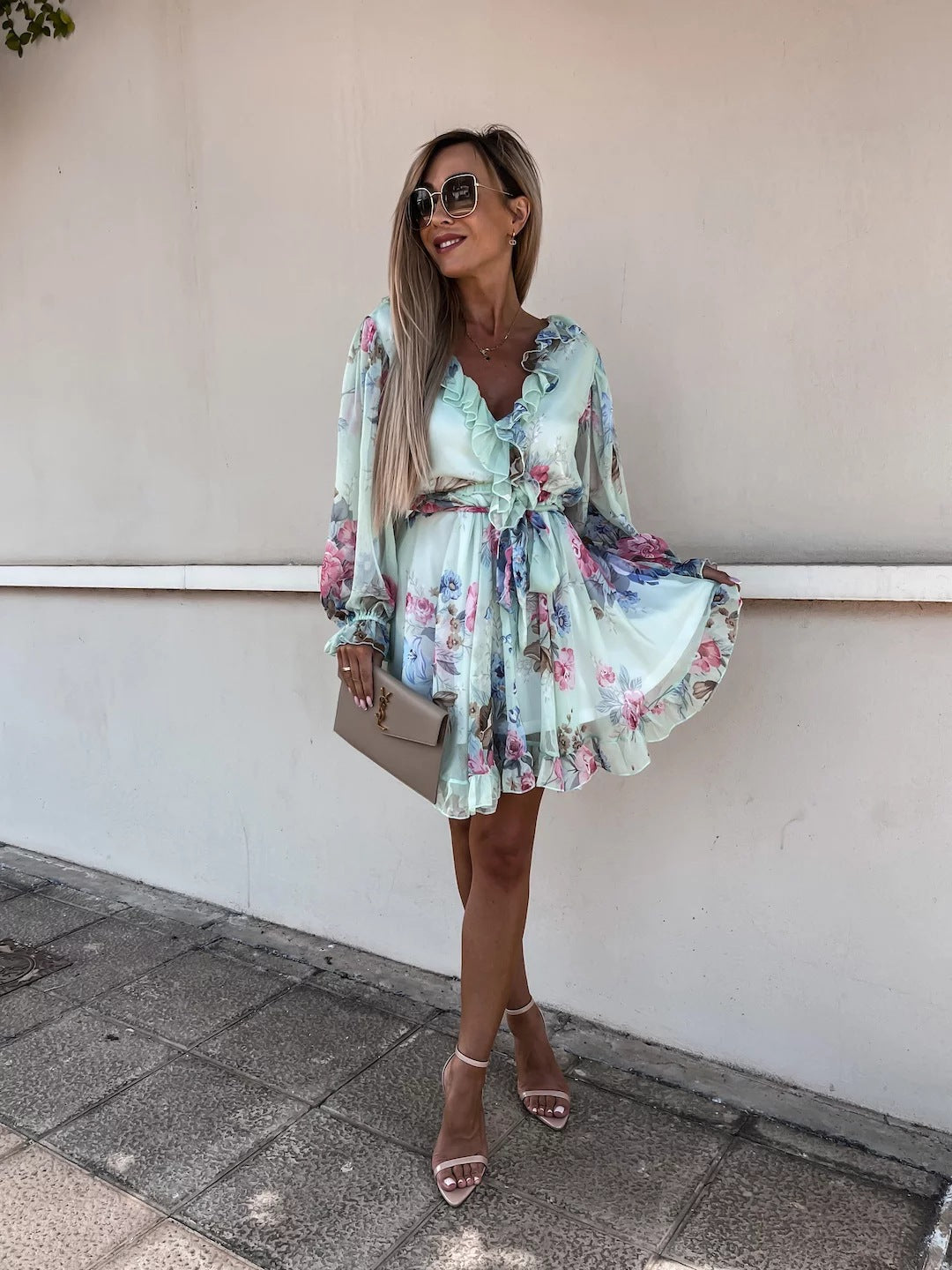 V-Neck Printed Long Sleeve Dress with Nipped Waist
