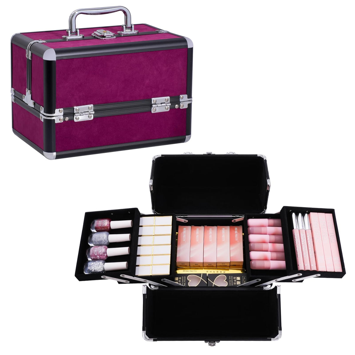 Makeup Train Case 6.69"x6.69"x9.84" Portable Cosmetic Case - 4 Tier Trays Professional Makeup Storage Organizer Box Make Up Carrier with Lockable Travel Case for Women and Girls -(Burgundy)