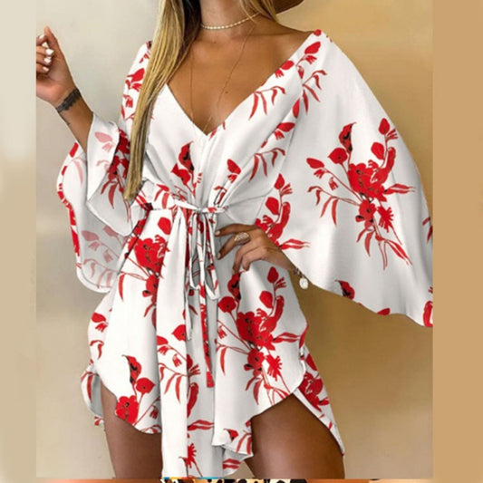 Women's Batwing Sleeve V-Neck Dress – Lace-Up Elegant Midi Dress