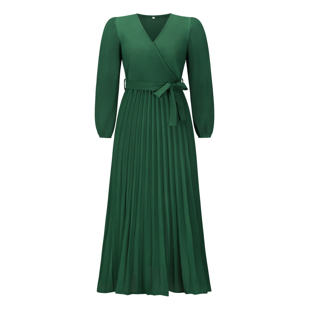 V-neck Long Sleeve Pleated A-Line Mid-Length Dress