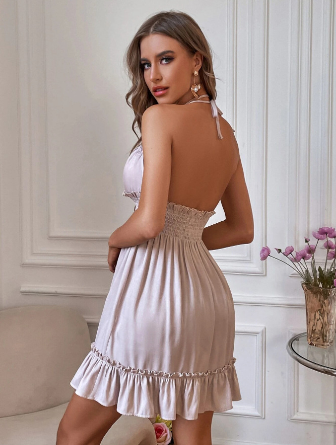 Women's Deep V Neck Spaghetti Strap Lantern Dress with Ruffled Hem – Backless, Shirred, Solid & Floral Print Options