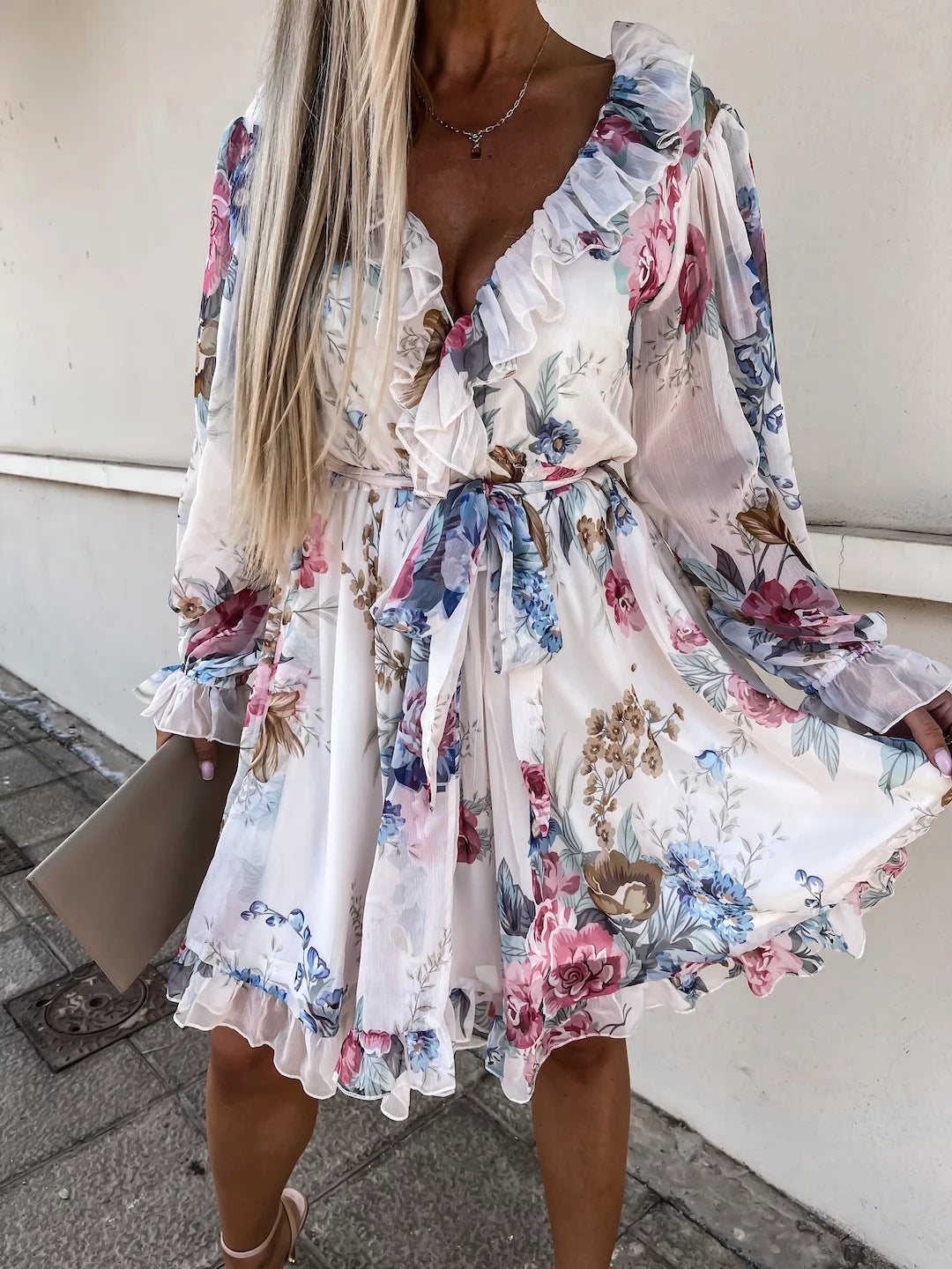 V-Neck Printed Long Sleeve Dress with Nipped Waist