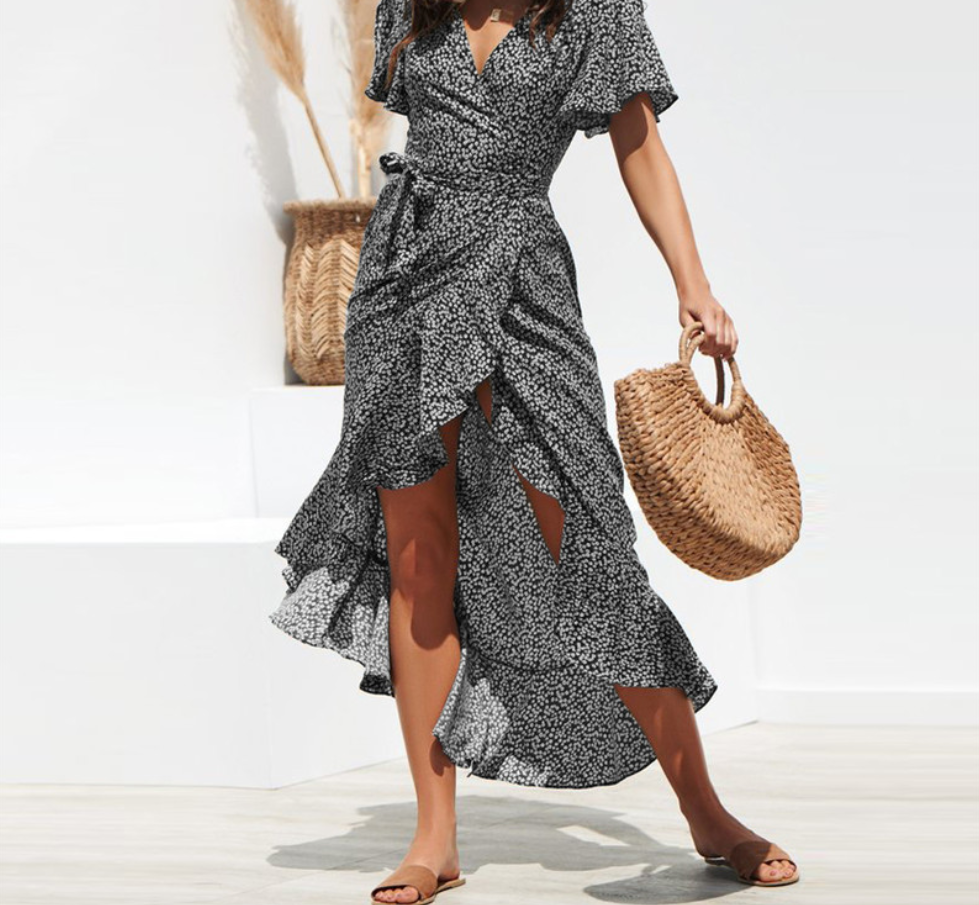 V-Neck Irregular High-Waist Chiffon Floral Dress