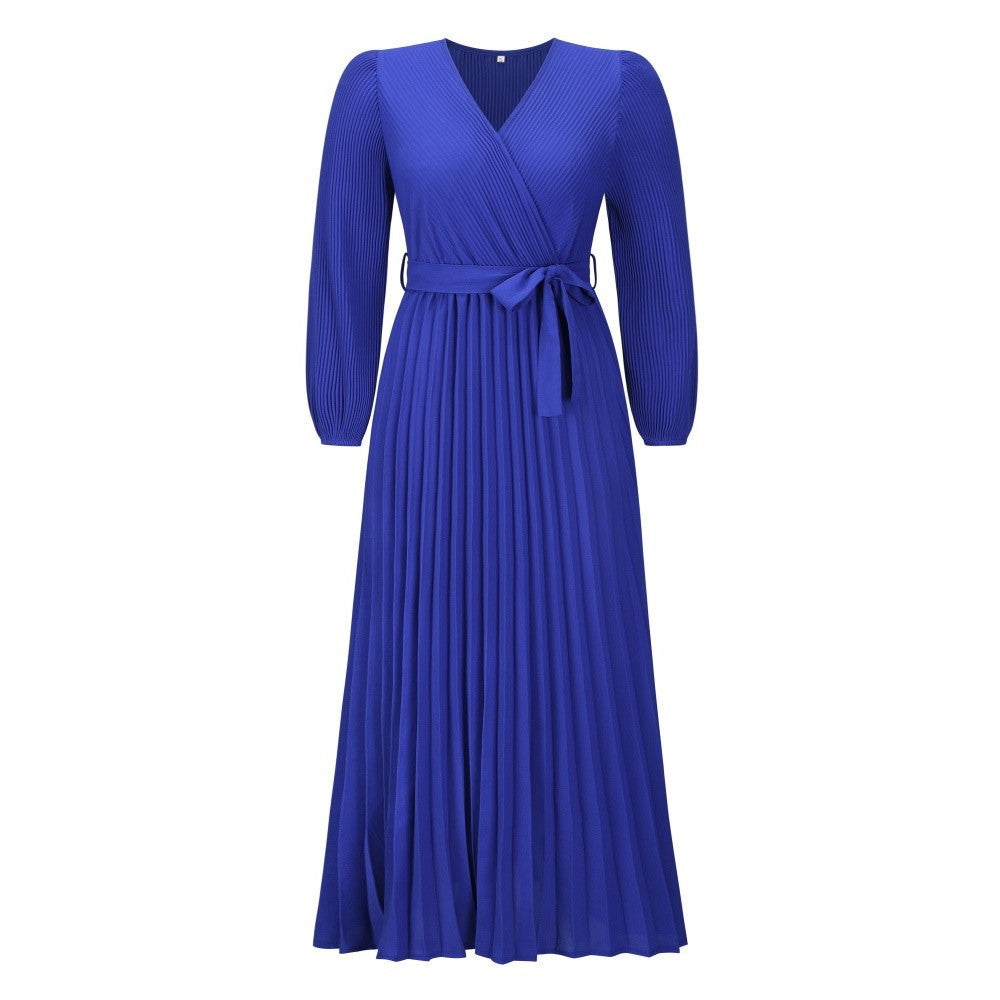 V-neck Long Sleeve Pleated A-Line Mid-Length Dress