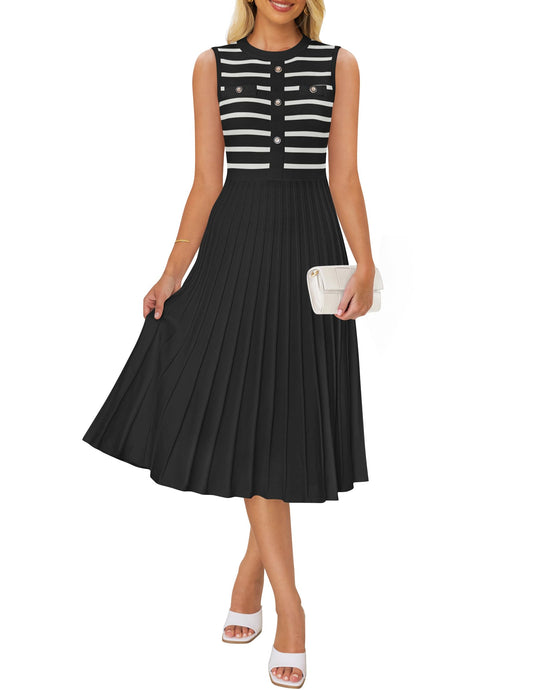 ZESICA Womens Sleeveless Striped Midi Dress Summer Crewneck Button Knit Swing Pleated A Line Casual DressesBlackX-Large
