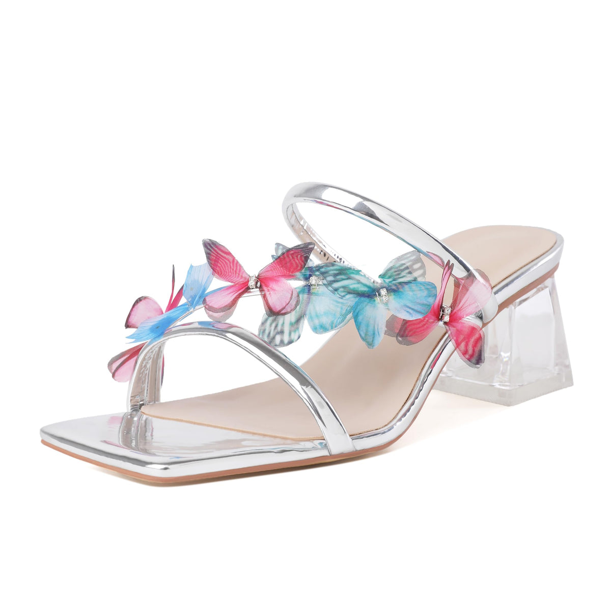 Zamikoo Mules Heels for Women Strappy Low Block Heel Sandals Square Open Toe Butterfly Heels Chunky Clear Heeled Sandals Silver Heels 2 Inches US Size 9