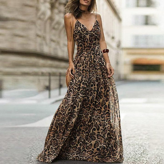 Women's Leopard Print Maxi Dress – V-Neck Spaghetti Strap Dress