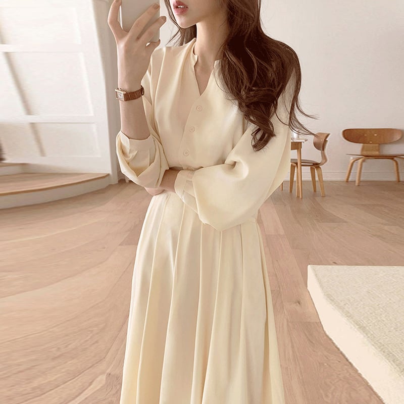 Nipped Waist Long Sleeve Pleated Dress
