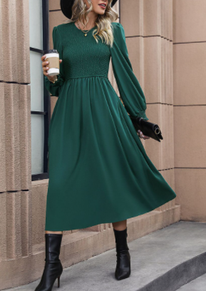 Puff Sleeve A-Line Pleated Waist Slimming Dress