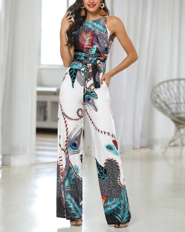 Peacock Feather Print Jumpsuit with Spaghetti Straps