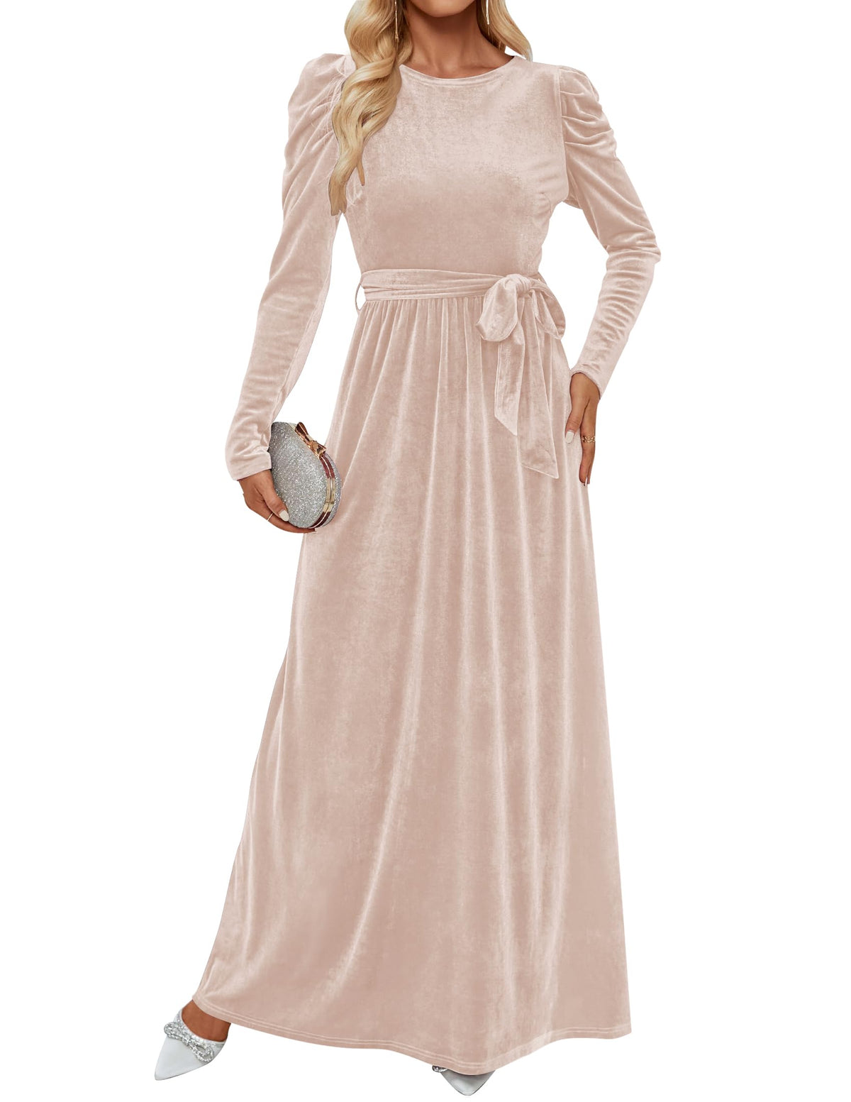 ZESICA Womens Velvet Maxi Dress Long Puff Sleeve Crew Neck Elastic High Waist Cocktail Party Bridesmaid DressesChampagneLarge