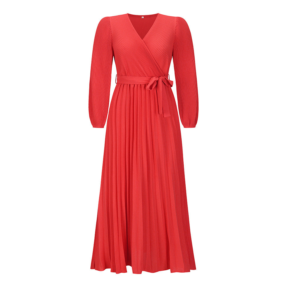 V-neck Long Sleeve Pleated A-Line Mid-Length Dress