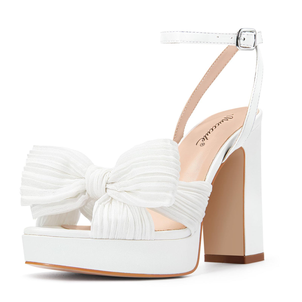 MUCCCUTE White Platform Heels Bow Heels Ankle Strap Open-Toe Heeled Sandals Wedding Party Dressy Heels Size 10.5