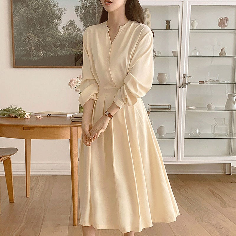 Nipped Waist Long Sleeve Pleated Dress