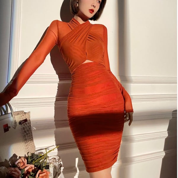 High Waist Pleated Long Sleeve Wrap Dress