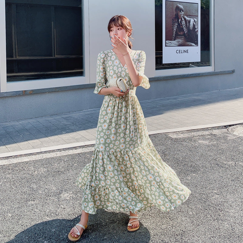High Waist Chiffon V-neck Long Fairy Dress