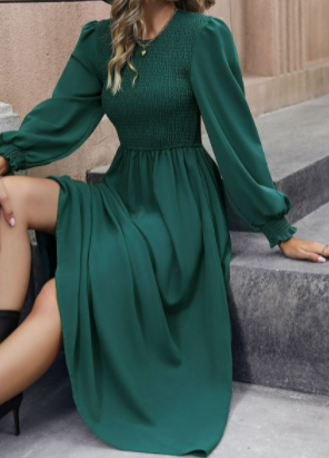 Puff Sleeve A-Line Pleated Waist Slimming Dress