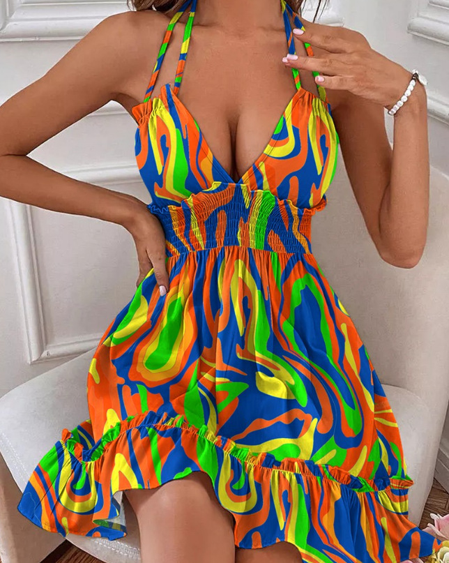 Women's Deep V Neck Spaghetti Strap Lantern Dress with Ruffled Hem – Backless, Shirred, Solid & Floral Print Options
