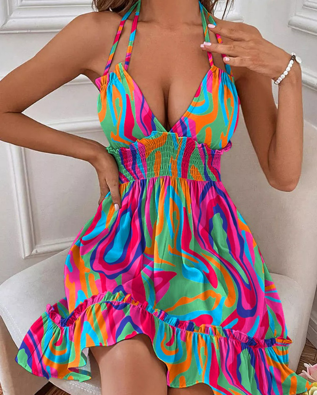 Women's Deep V Neck Spaghetti Strap Lantern Dress with Ruffled Hem – Backless, Shirred, Solid & Floral Print Options