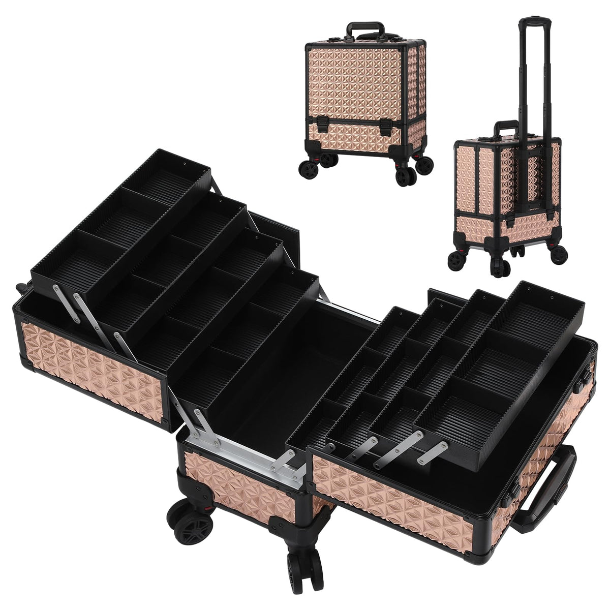 Leeora&Leekoo High-Capacity Multilayer Portable Nail Case for Nail Tech Organizer with Wheels - Lockable Makeup Case Organizer Cosmetic Case Makeup Train Case (rose gold)