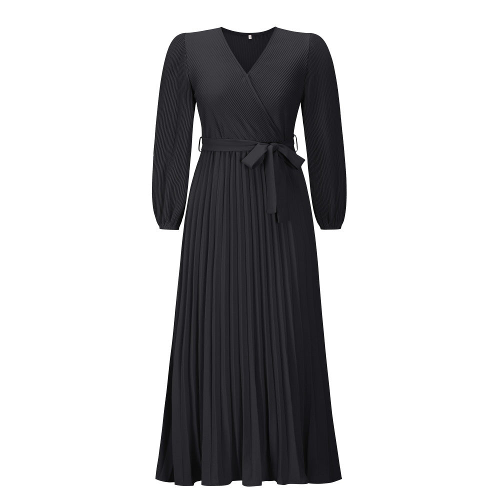 V-neck Long Sleeve Pleated A-Line Mid-Length Dress