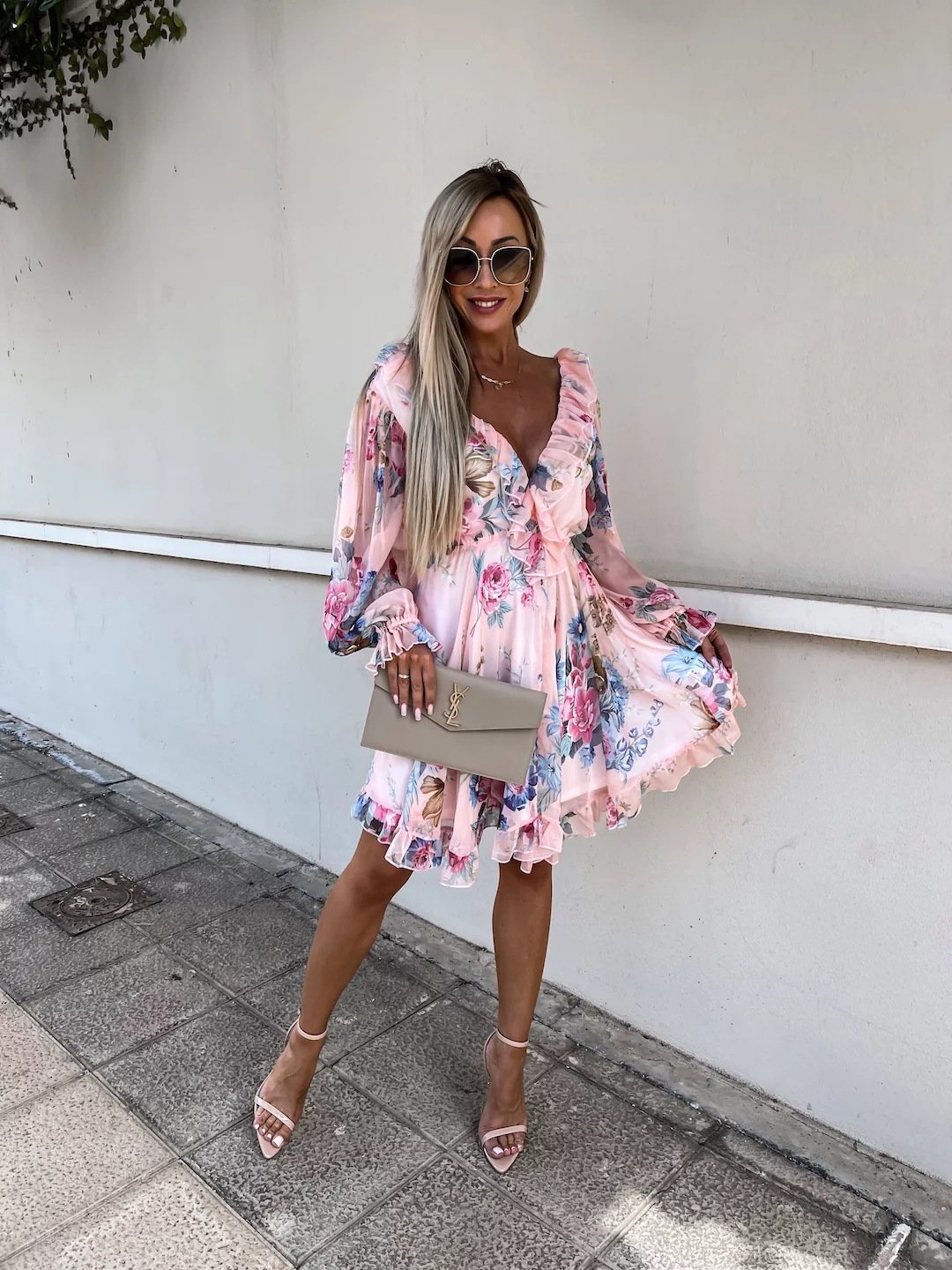 V-Neck Printed Long Sleeve Dress with Nipped Waist