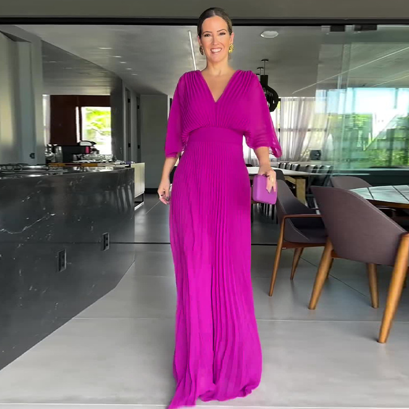 Women's V-Neck Bat Sleeve High Waist Dress