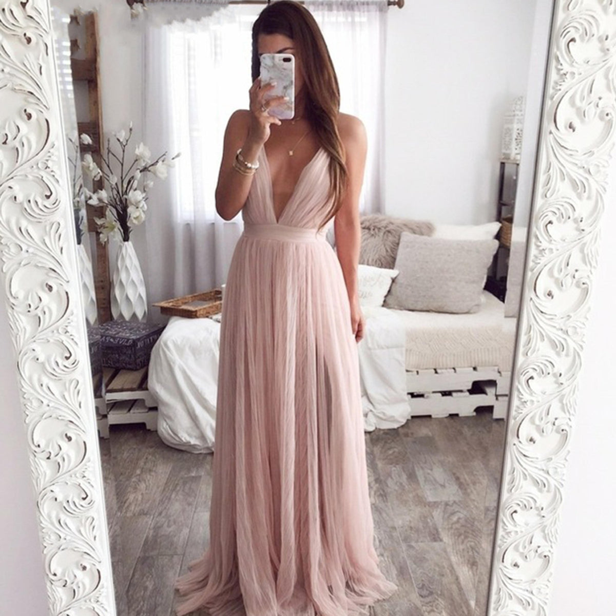 Deep V Neck Spaghetti Strap Mesh Long Dress