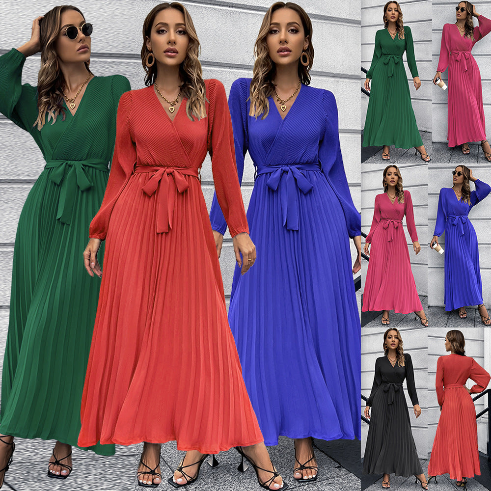 V-neck Long Sleeve Pleated A-Line Mid-Length Dress