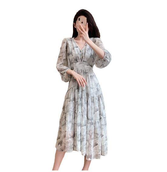 Floral V-neck Slimming Waist Chiffon Short-sleeve Dress