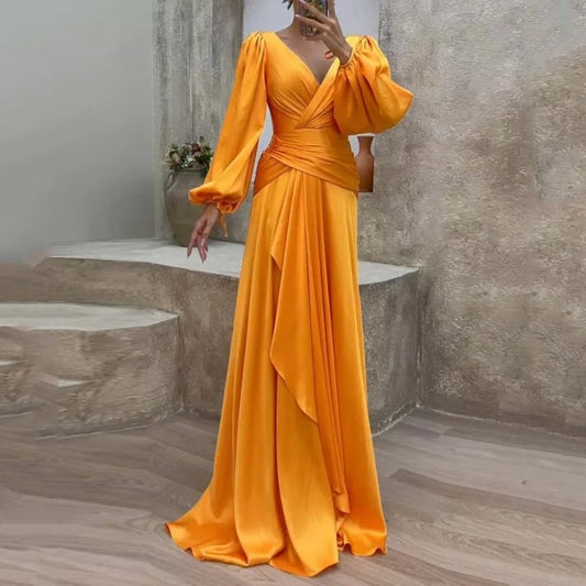 Women's Fitted Waist Pleated Dress – Elegant Long Sleeve Midi Dress