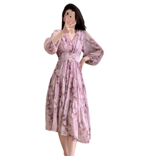 Floral V-neck Slimming Waist Chiffon Short-sleeve Dress