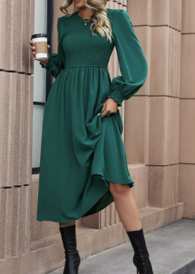 Puff Sleeve A-Line Pleated Waist Slimming Dress