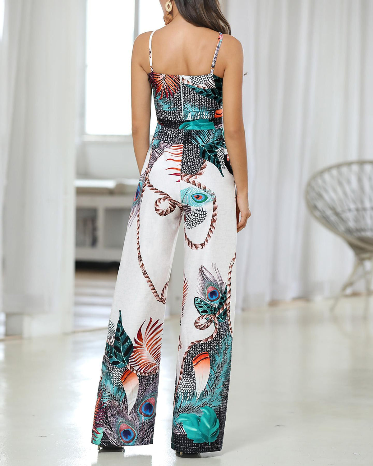 Peacock Feather Print Jumpsuit with Spaghetti Straps