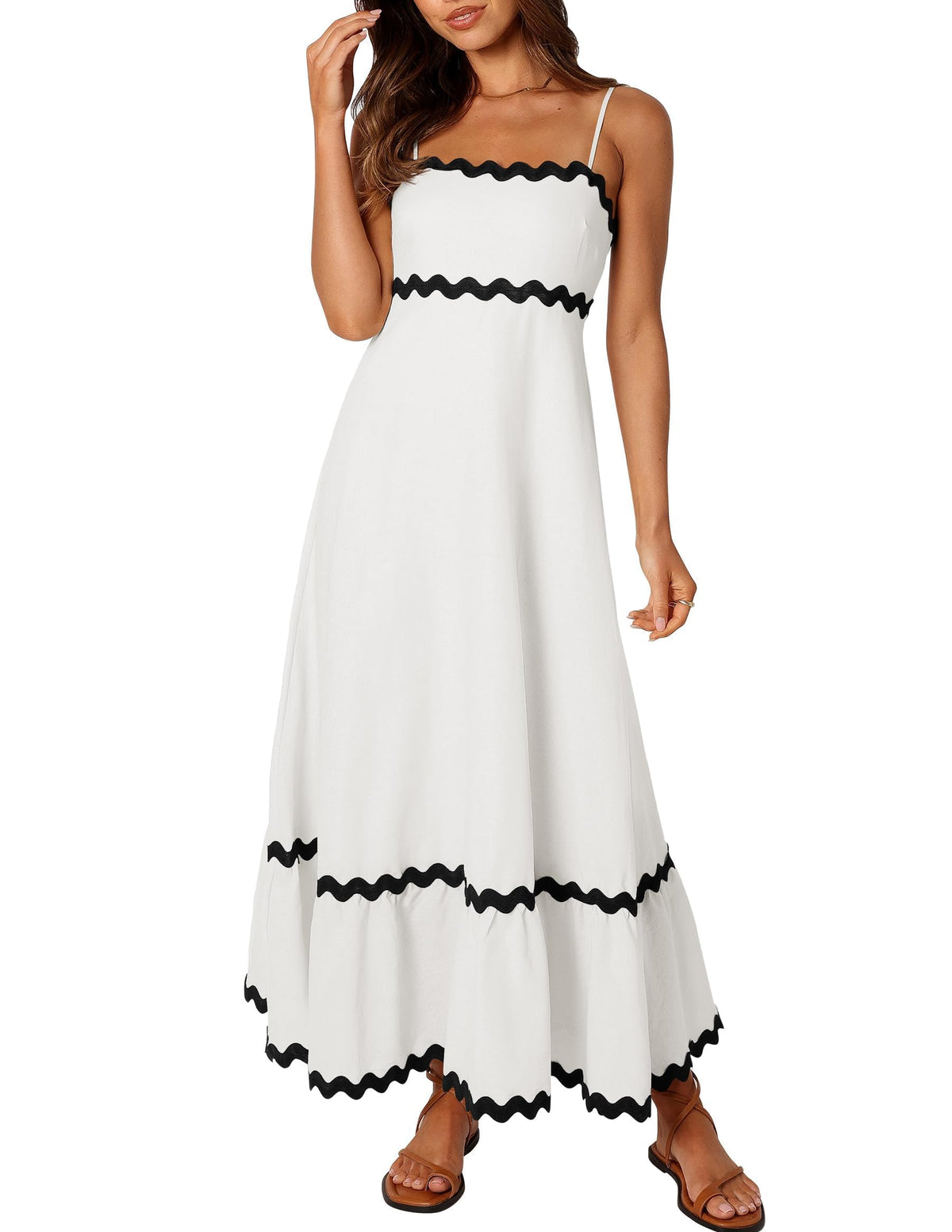 ZESICA Womens 2024 Summer Spaghetti Straps Sleeveless Backless Sundress Flowy Smocked Lace Swing A Line Midi DressWhiteLarge