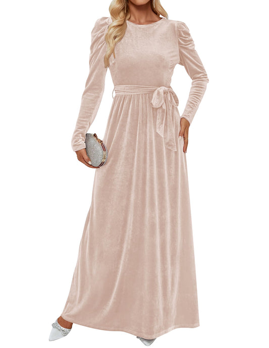 ZESICA Womens Velvet Maxi Dress Long Puff Sleeve Crew Neck Elastic High Waist Cocktail Party Bridesmaid DressesChampagneLarge