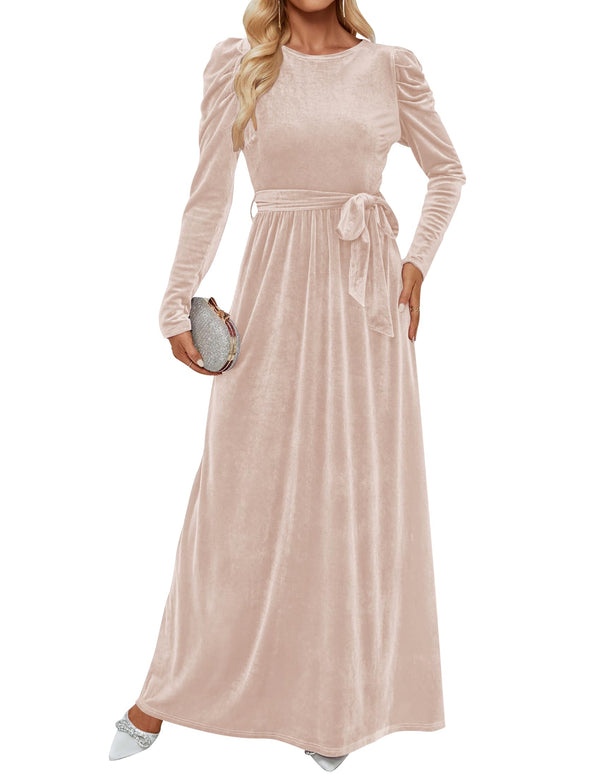 ZESICA Womens Velvet Maxi Dress Long Puff Sleeve Crew Neck Elastic High Waist Cocktail Party Bridesmaid DressesChampagneLarge