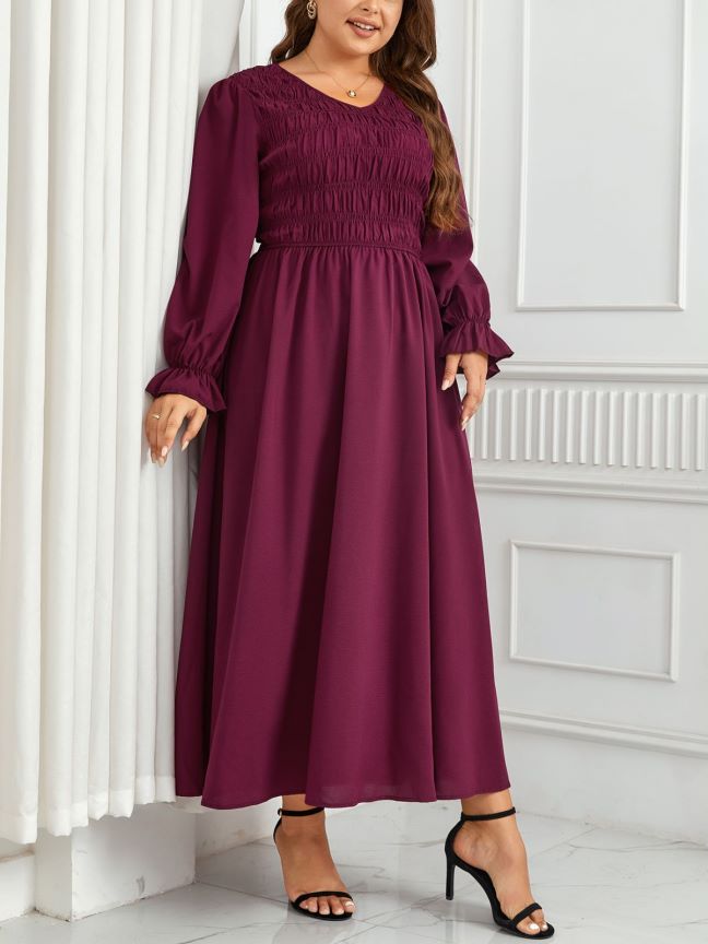 Puff Sleeve A-Line Pleated Waist Slimming Dress