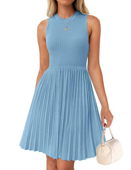 ZESICA Womens Summer Sleeveless Mini Dress 2025 Crewneck Knit A Line Pleated Swing Casual Basic Short DressSkyMedium