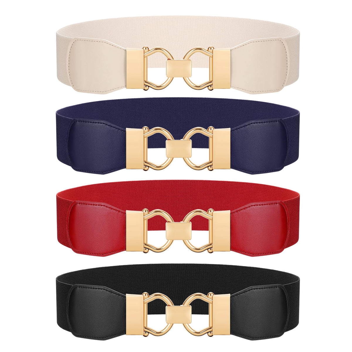 JASGOOD 4 Pack Wide Stretchy Belt for Women Elastic Waist Belt for Dresses Fashion Belt With Gold Interlocking Buckle