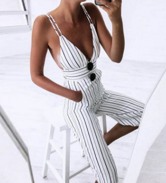 Striped V-Neck Jumpsuit with Spaghetti Straps