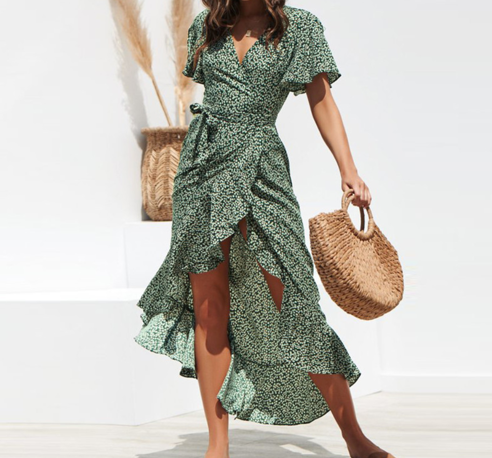 V-Neck Irregular High-Waist Chiffon Floral Dress