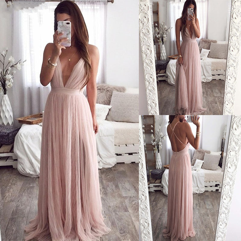 Deep V Neck Spaghetti Strap Mesh Long Dress