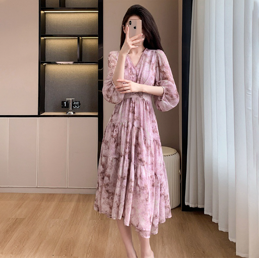 Women's Floral Chiffon Dress – V-Neck Short Sleeve Waist-Defined Dress