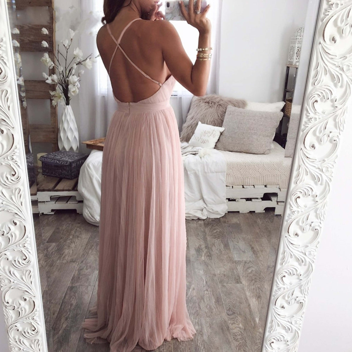 Deep V Neck Spaghetti Strap Mesh Long Dress