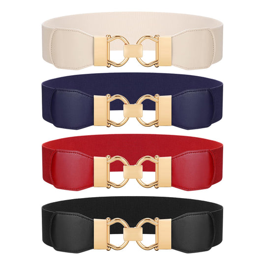 JASGOOD 4 Pack Wide Stretchy Belt for Women Elastic Waist Belt for Dresses Fashion Belt With Gold Interlocking Buckle