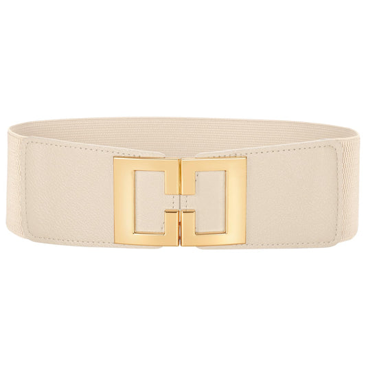 Wide Waist Belts for Women Dresses Vintage Elastic Belts Fashion Stretchy Belt with Gold Buckle (Beige)